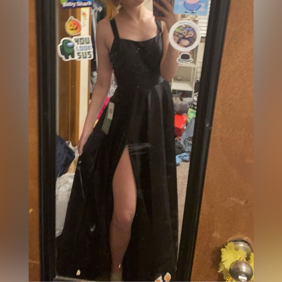 Black Satin Prom Dress With Open Back and Slit - Picture 4 of 4